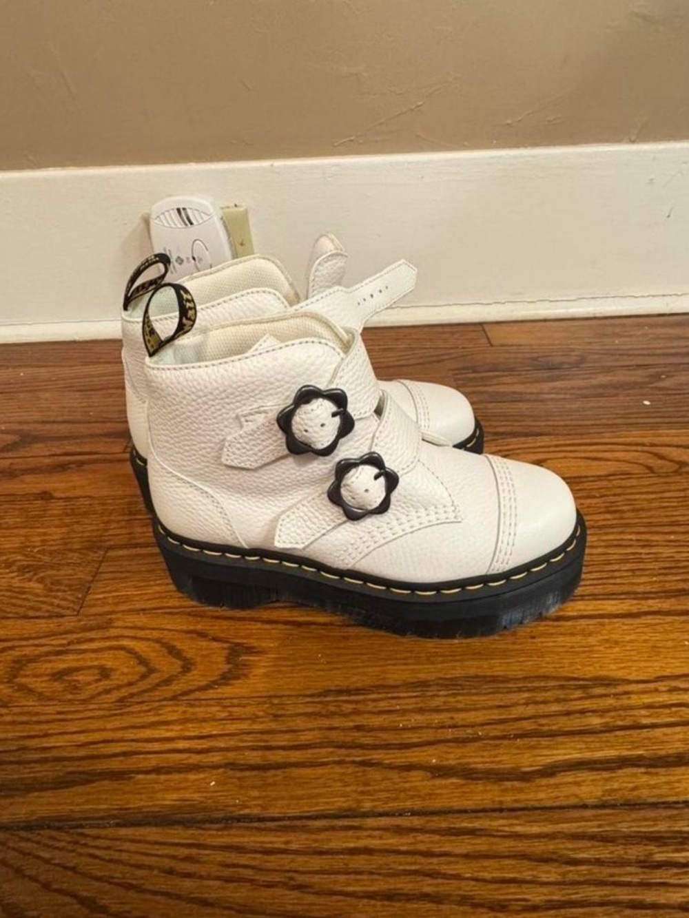 Dr. Martens White Platform Flower-Buckle Combat Boots